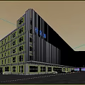 Modern STRIM Building Exterior With Hexagonal Logo And Illuminated Striped Curved Facade