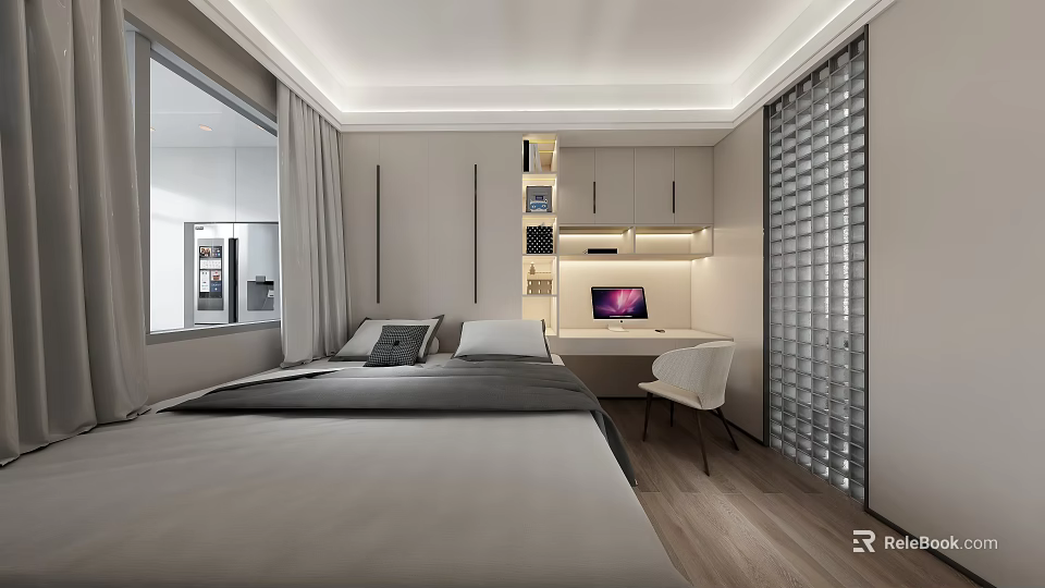 Modern Tatami Bedroom Design With Tatami Bed Desk Bookshelf And Soft Lighting 3d model 