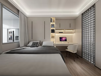 Modern Tatami Bedroom Design With Tatami Bed Desk Bookshelf And Soft Lighting 3d model