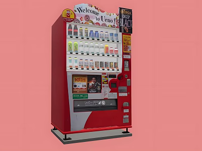 Red Public Vending Machine With Beverage Products Display Welcome Sign And Advertisements 3d model