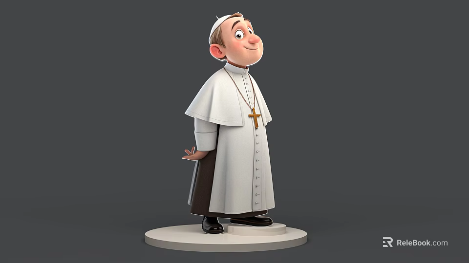 Man Wearing White Robe and Hat With Golden Cross Standing on Circular Base 3d model 