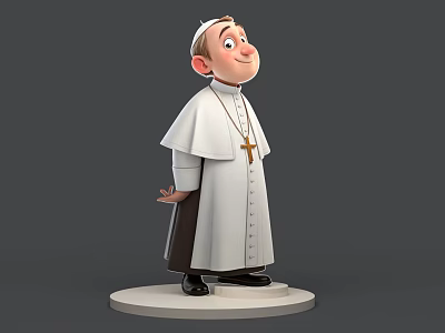 Man Wearing White Robe and Hat With Golden Cross Standing on Circular Base 3d model