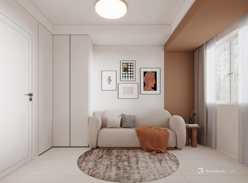 Warm Tone Modern Minimalist Living Room With Curved Sofa And Elegant Gallery Wall Decor 3d model 