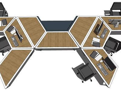 Modern Modular Office Desk With Hexagonal Wooden Desktop And Office Chairs Computers 3d model