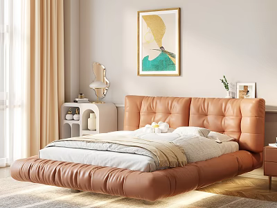 Brown Leather Double Bed with Tufted Headboard in Modern Bedroom with Nightstand and Art 3d model