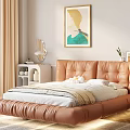 Brown Leather Double Bed with Tufted Headboard in Modern Bedroom with Nightstand and Art