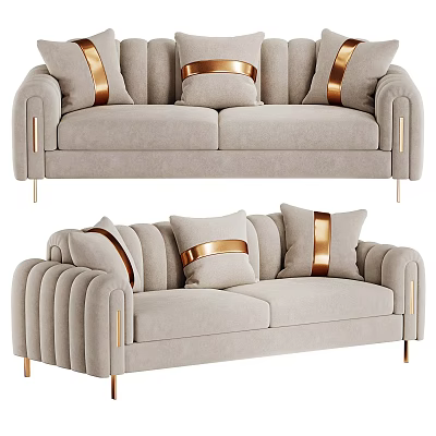 Elegant Beige Two Seater Sofa With Golden Trim And Decorative Pillows Design 3d model