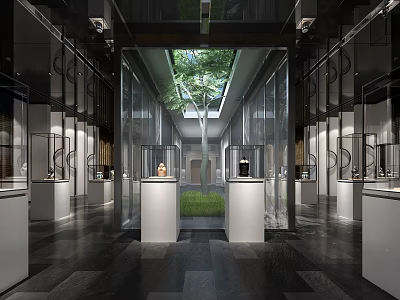 Modern Cultural Center Interior Design With Glass Partitions Skylight Green Plants And Art Display Stands 3d model