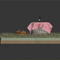 Outdoor Picnic Setup With Grass Table Checkered Tablecloth Basket Food And Drinks