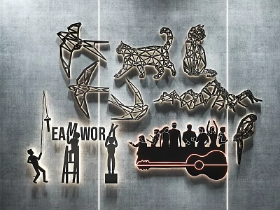 Geometric Animal Silhouettes Wall Decor with Teamwork Lettering Human Figures and Guitar on Metallic Background 3d model