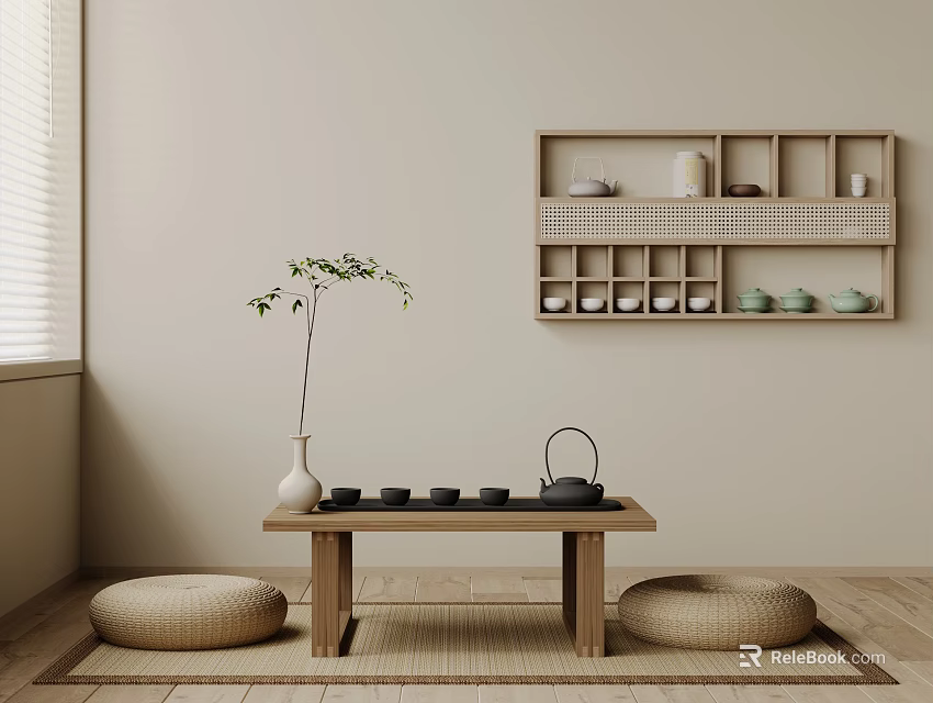 Natural Japanese Tea Table Interior with Woven Cushions Wooden Shelf Teacups and Plant 3d model 