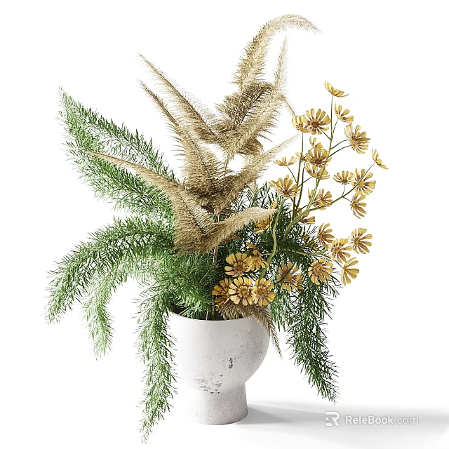 Decorative Ornament Arrangement with Green Pine Needles Beige Feathers and Yellow Flowers in White Vase 3d model 