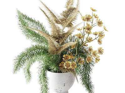 Decorative Ornament Arrangement with Green Pine Needles Beige Feathers and Yellow Flowers in White Vase 3d model