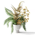 Decorative Ornament Arrangement with Green Pine Needles Beige Feathers and Yellow Flowers in White Vase