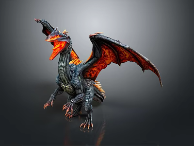 Detailed 3D Fantasy Dragon Model With Black Body Orange Red Wings Open Mouth 3d model