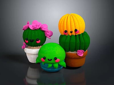 Cute Green And Yellow Cactus Dolls With Smiling Faces And Pink Flowers In Pots 3d model