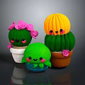 Cute Green And Yellow Cactus Dolls With Smiling Faces And Pink Flowers In Pots