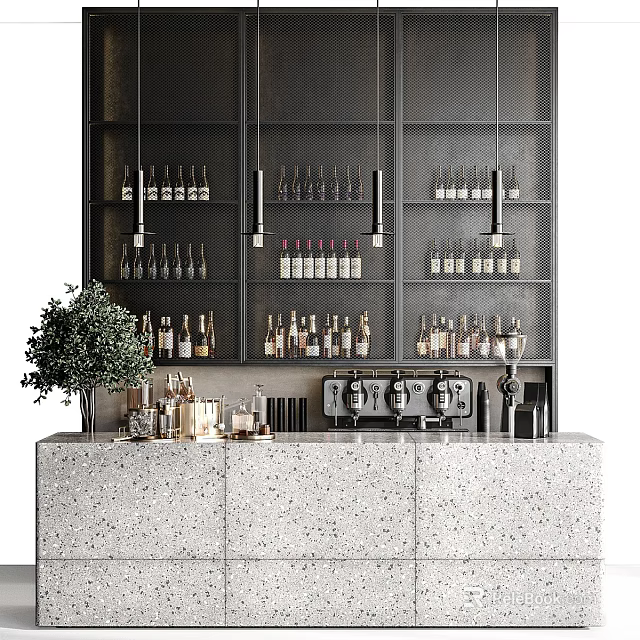 Modern Café Bar With Black Metal Shelves Bottles Terrazzo Counter Hanging Lights And Coffee Machines 3d model 