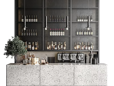Modern Café Bar With Black Metal Shelves Bottles Terrazzo Counter Hanging Lights And Coffee Machines 3d model