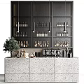 Modern Café Bar With Black Metal Shelves Bottles Terrazzo Counter Hanging Lights And Coffee Machines