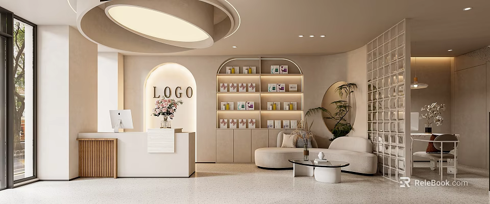 Minimalist Soft Beige Beauty Salon Reception Interior With Neat Product Display And Comfortable Lounge Space 3d model 