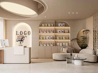 Minimalist Soft Beige Beauty Salon Reception Interior With Neat Product Display And Comfortable Lounge Space 3d model