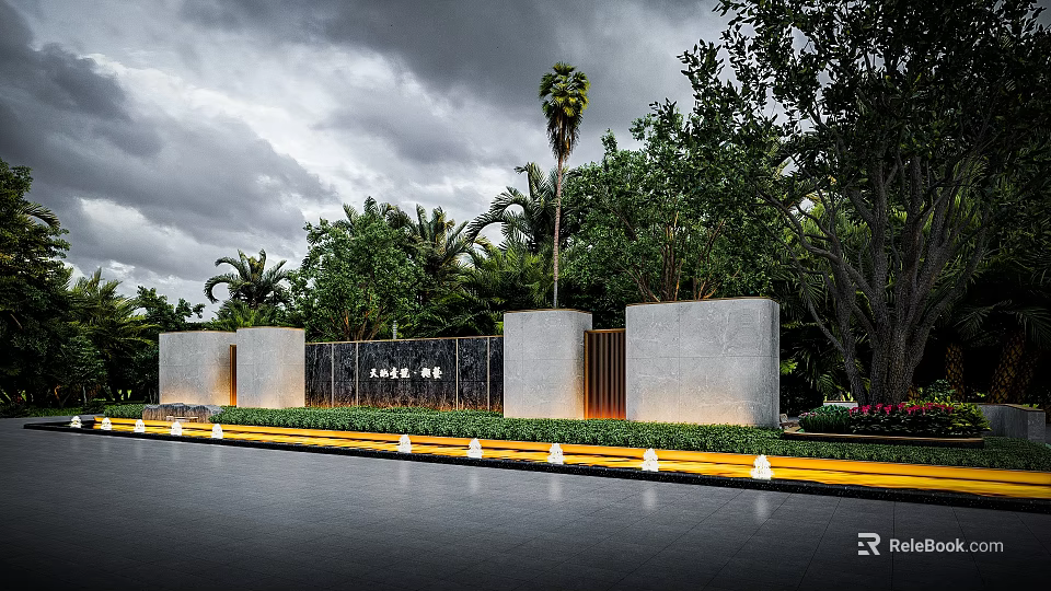 Outdoor Stone Feature Wall With Trees And Palm Tree In Landscape Design 3d model 