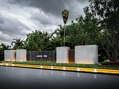 Outdoor Stone Feature Wall With Trees And Palm Tree In Landscape Design 3d model