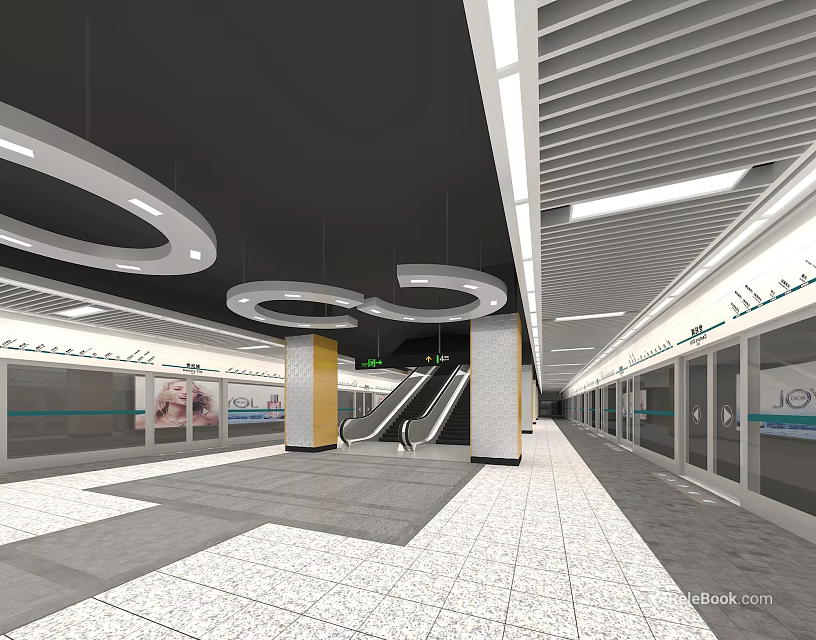 Modern Station Interior with Circular Ceiling Decor Escalators Tiled Floor and Glass Doors 3d model 