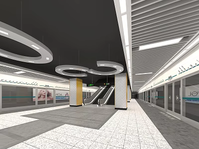 Modern Station Interior with Circular Ceiling Decor Escalators Tiled Floor and Glass Doors 3d model