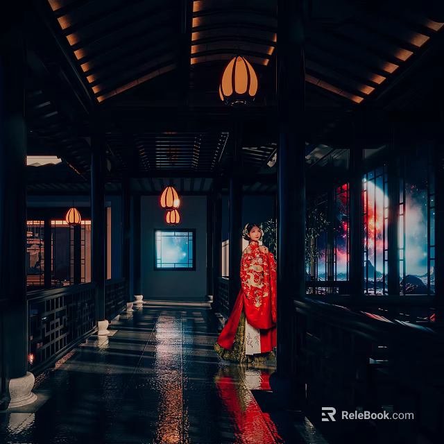 Traditional Ancient Chinese Architecture Corridor With Hanging Lanterns And Red Costume Figure 3d model 