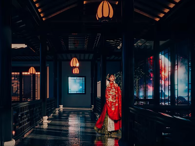 Traditional Ancient Chinese Architecture Corridor With Hanging Lanterns And Red Costume Figure 3d model
