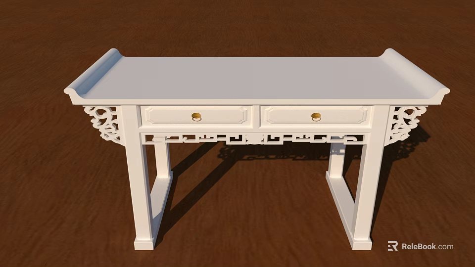 White Traditional Office Desk With Carved Details And Gold Handle Drawers 3d model 