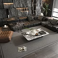 Modern Black L-shaped Sofa Coffee Table Combination with Marble Top Brown Leather Armchair and Green Plant