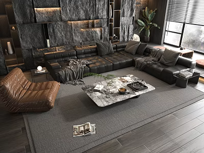 Modern Black L-shaped Sofa Coffee Table Combination with Marble Top Brown Leather Armchair and Green Plant 3d model