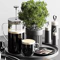 Elegant Modern Tableware Set With Black Plates Donuts Chocolate And Green Plants