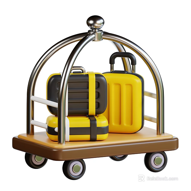 Functional Luggage Cart with Yellow and Black Suitcases Metal Frame and Wheels 3d model 