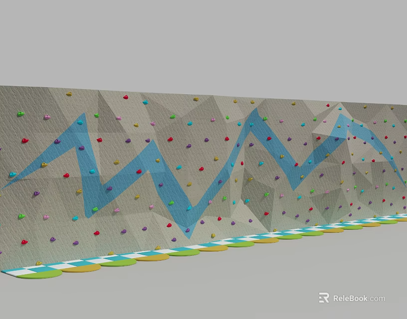 Indoor Climbing Wall For Sports Training With Colorful Holds Blue Routes And Safety Mats 3d model 