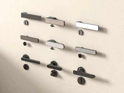 Various Styles of Modern Door Handles Displayed on Beige Wall with Metal Finishes 3d model