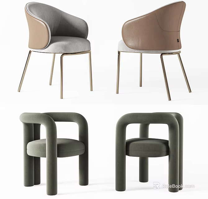 Modern Upholstered Leisure Chairs With Curved Backrest Metal Legs Circular Armrests In Gray Brown Green 3d model 