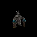 Tech Exhibition Hall Display Featuring Horned Armored Statue With Blue Orbs On Decorative Pillars