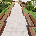 Beautiful Flowers and Plants in Serene Garden with Path Benches and Green Lawn