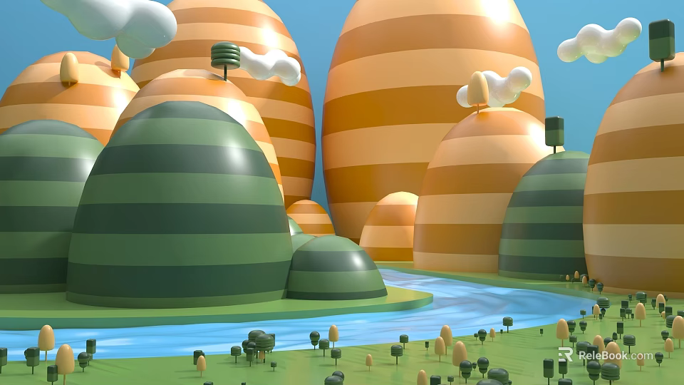 Cartoon Style Dome Buildings With Orange Green Stripes And River Small Trees Clouds 3d model 