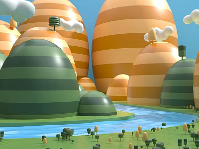 Cartoon Style Dome Buildings With Orange Green Stripes And River Small Trees Clouds 3d model