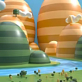 Cartoon Style Dome Buildings With Orange Green Stripes And River Small Trees Clouds