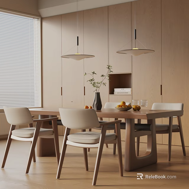 Minimalist Dining Table Set With Light Toned Wooden Cabinets Pendant Lights And Fruit Platter 3d model 