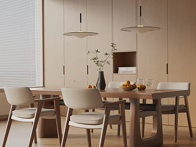 Minimalist Dining Table Set With Light Toned Wooden Cabinets Pendant Lights And Fruit Platter 3d model
