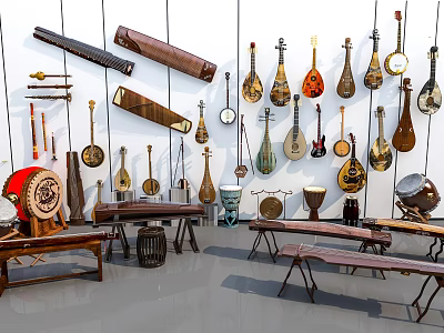 Various Musical Instruments and Art Supplies Displayed in Studio with Wall Mounts and Tables 3d model