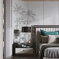 Elegant Modern Bedroom Interior With Green Velvet Bench Palm Tree Wall Decor And Bedside Lamps