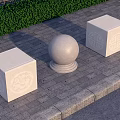 Roadside Facilities Square Stone Pillars And Round Ball With Carved Patterns On Paved Sidewalk